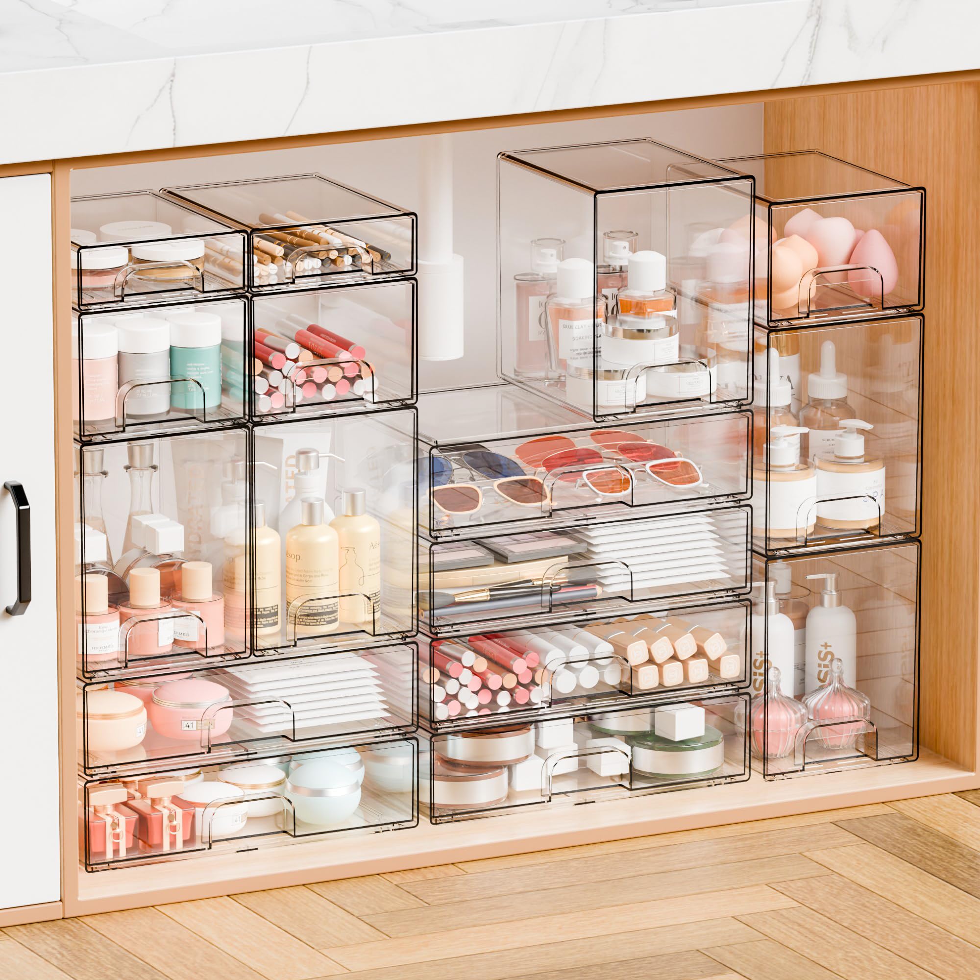 Yieach drawer filled with organized office supplies for quick retrieval