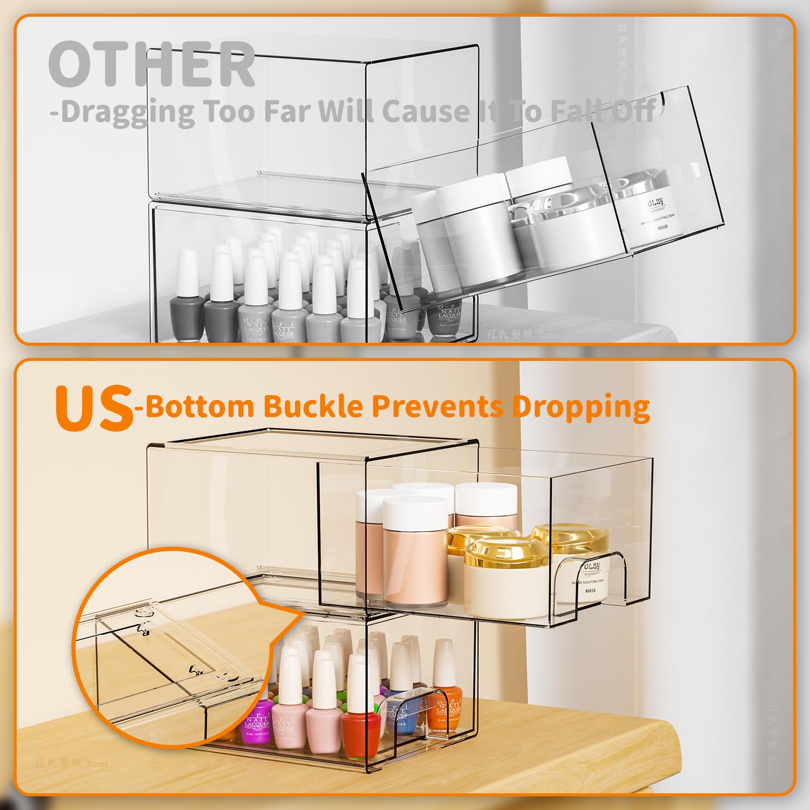 Yieach open drawer filled with makeup showing easy visibility and reach