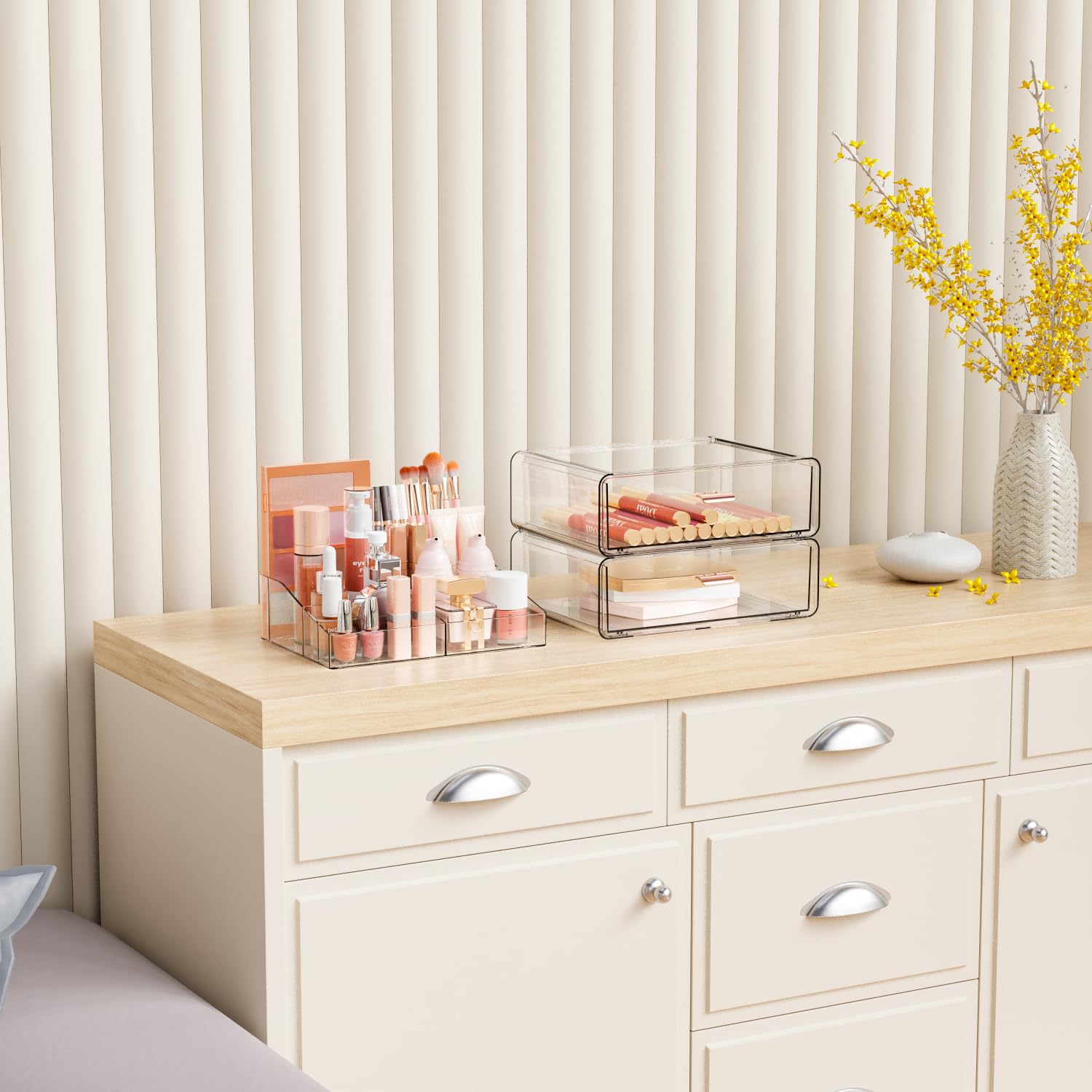Yieach on bathroom vanity displaying tidy cosmetics and stylish decor