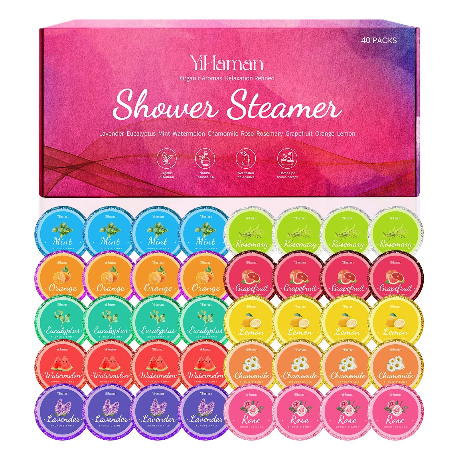 YiHaman front packaging showing 40 shower steamers and scent icons for easy gifting