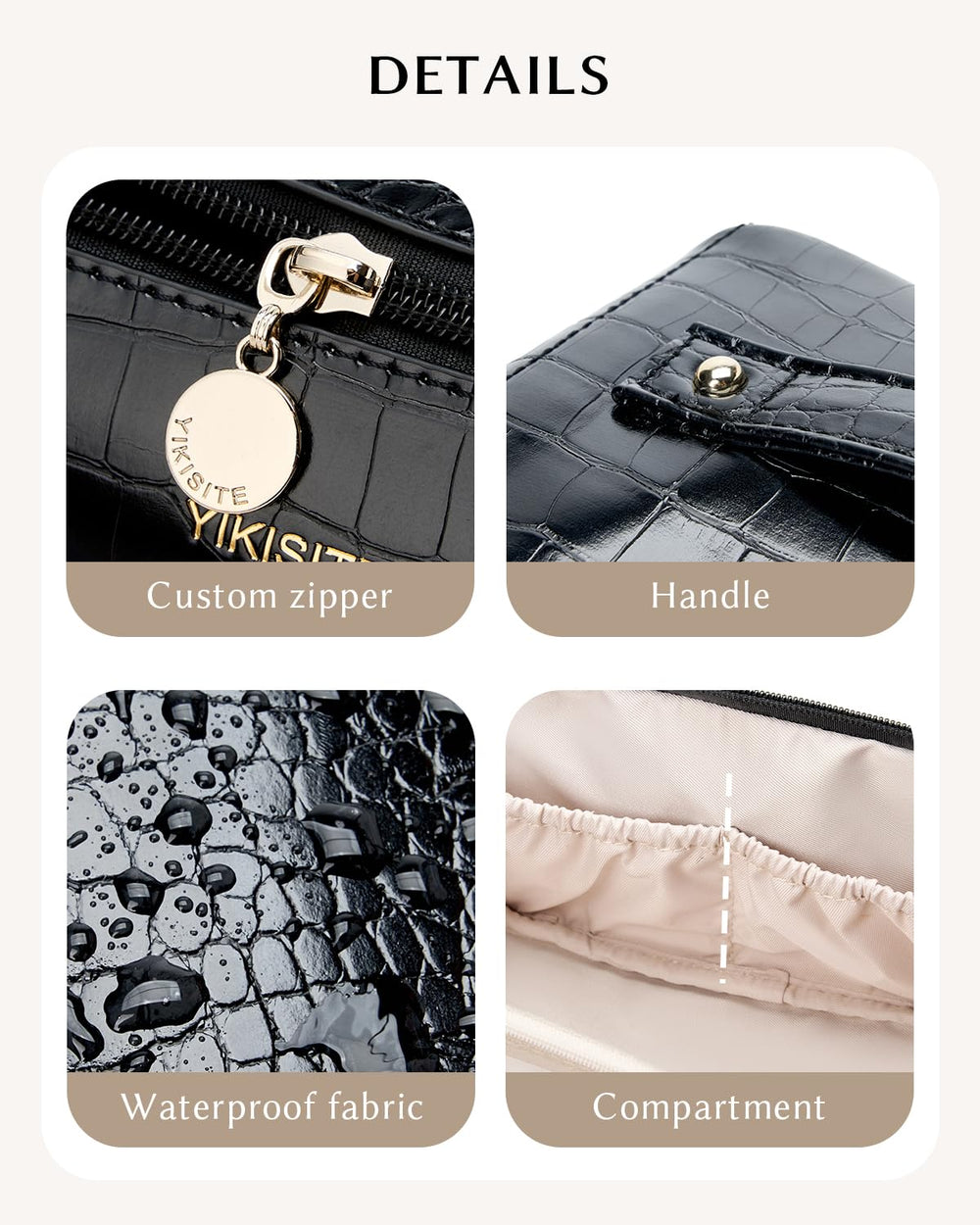 Yikisite side handle and zipper pull for comfortable carrying and secure closure