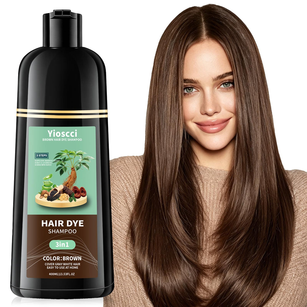 Yioscci bottle front view showing brown shade and packaging benefit