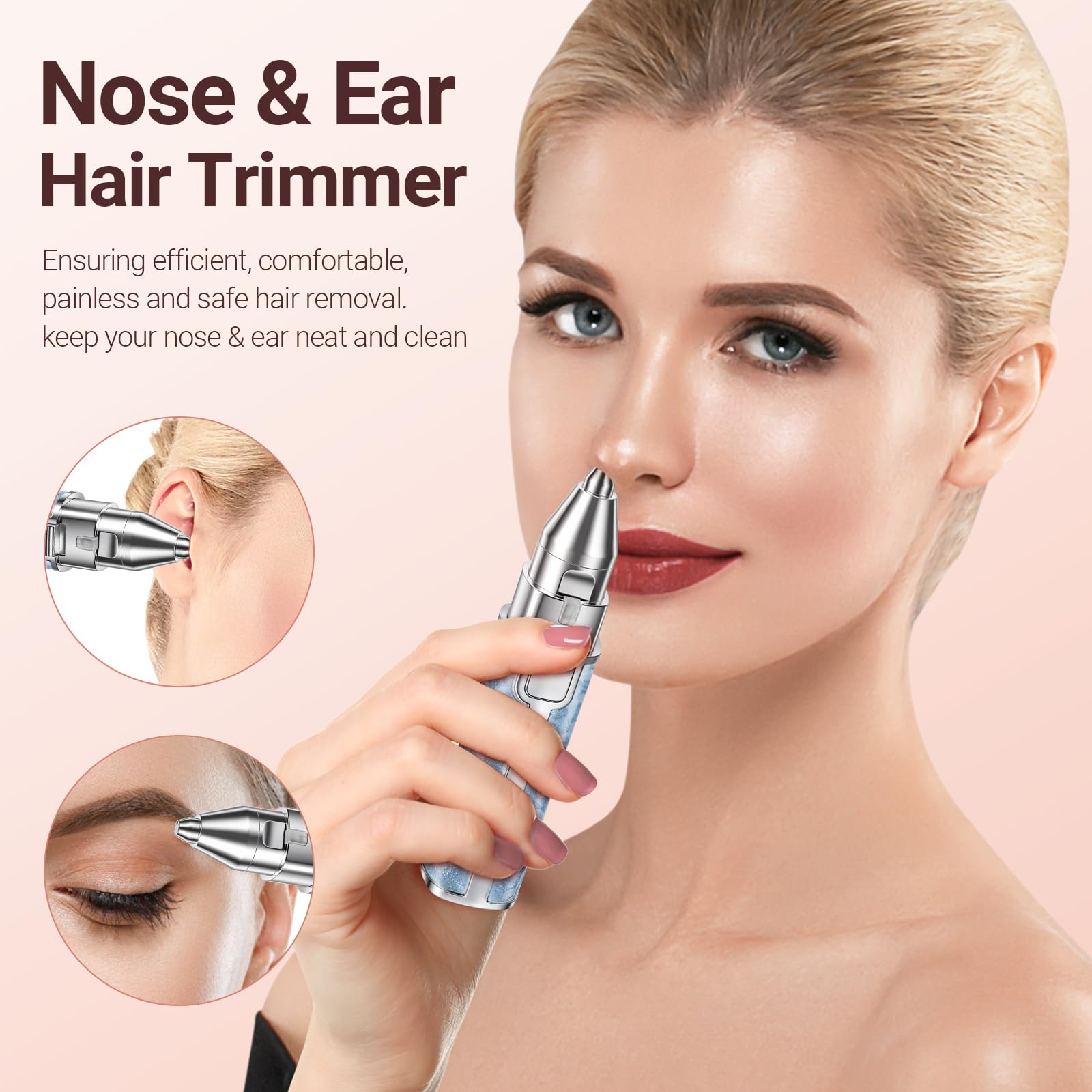 YLYYCC trimmer being used in nose to show safe contouring and comfortable trimming benefit