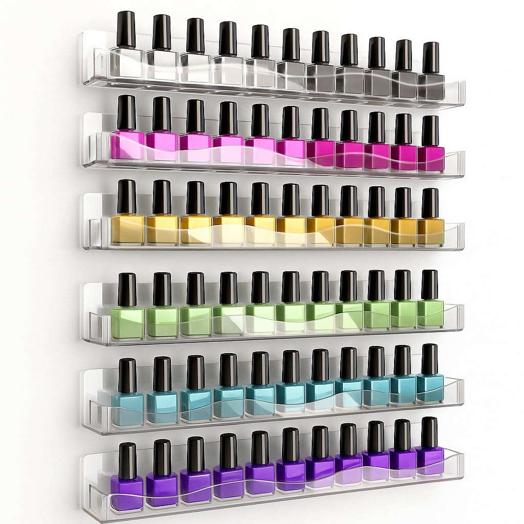 YMVV clear acrylic rack front view showing tidy multi-row polish display and quick selection