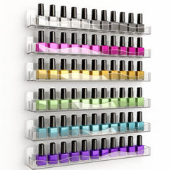 YMVV clear acrylic rack front view showing tidy multi-row polish display and quick selection