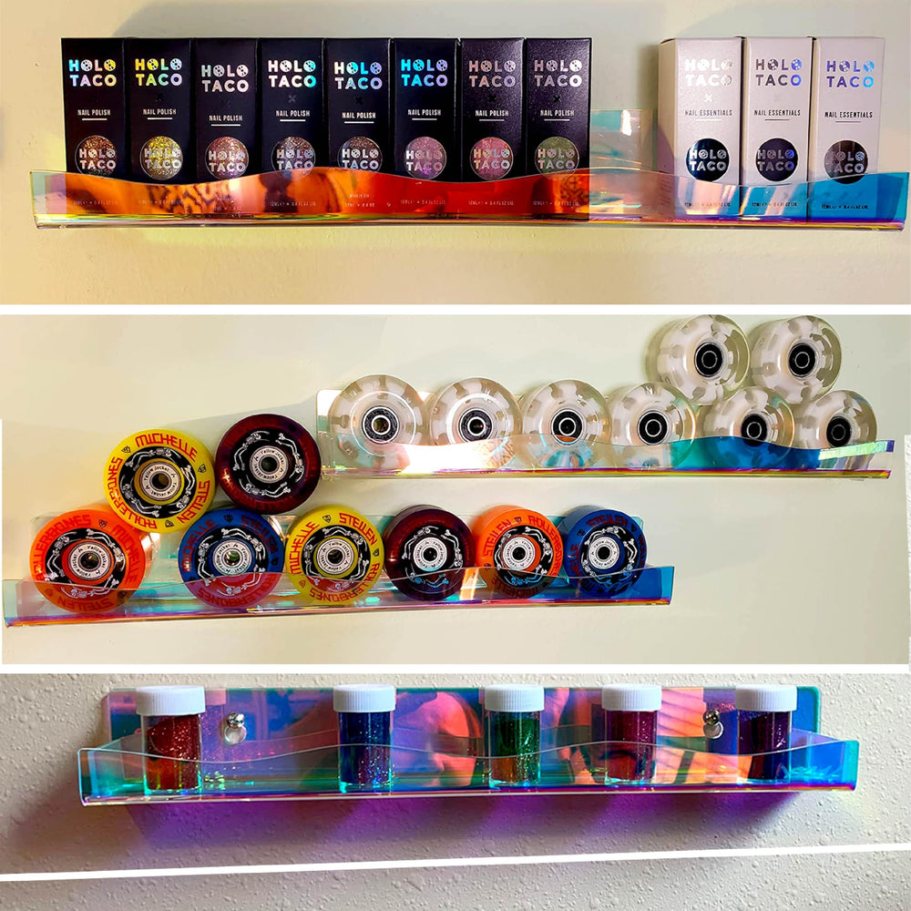 YMVV shelf with polish labels visible for quick shade selection and inventory