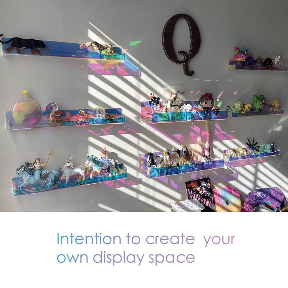 YMVV six shelves arranged on wall creating coordinated retail or salon display