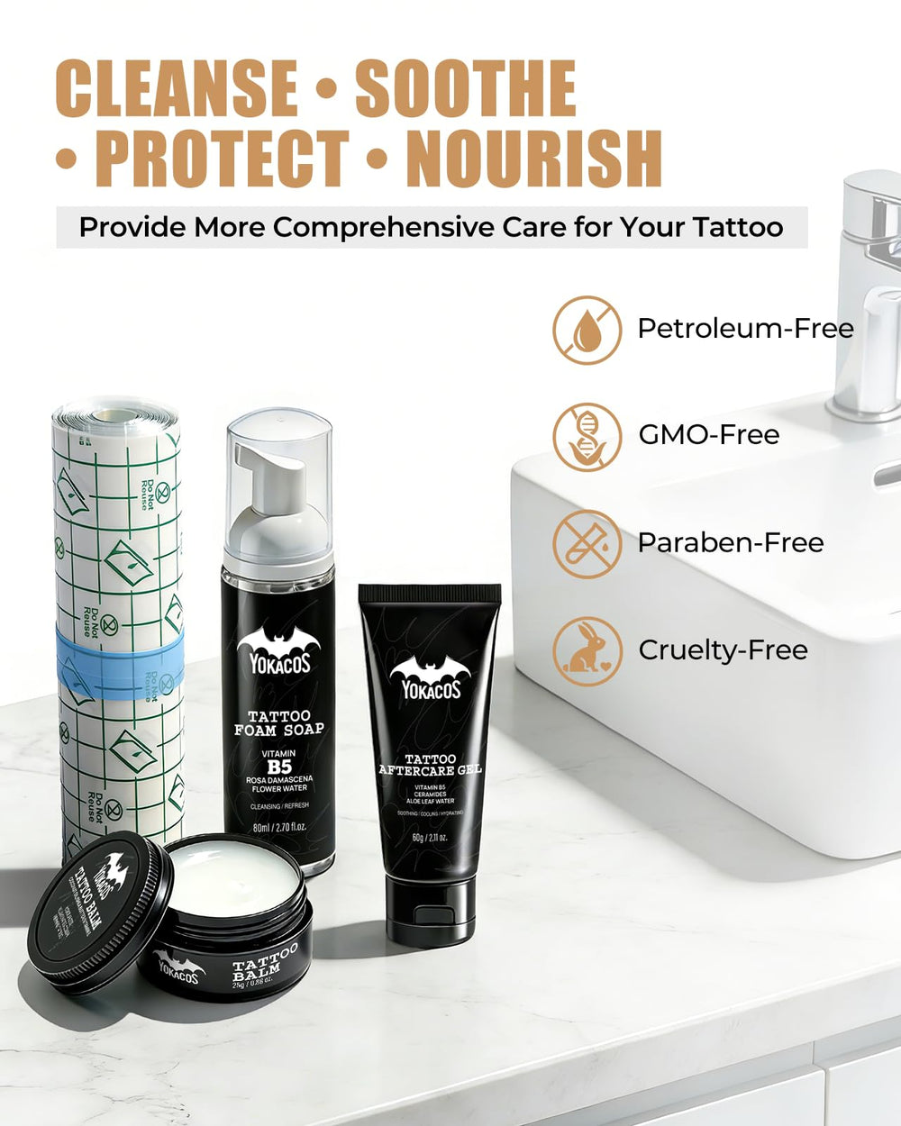 YOKACOS kit on bathroom shelf lifestyle shot encouraging daily care