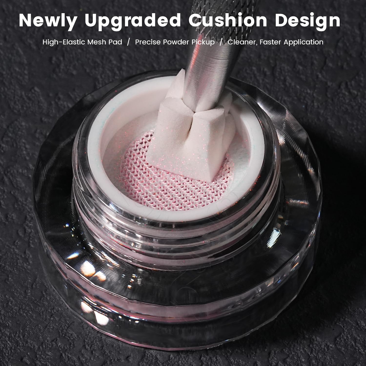YOKE FELLOW powder texture macro highlighting ultra-fine chrome particles