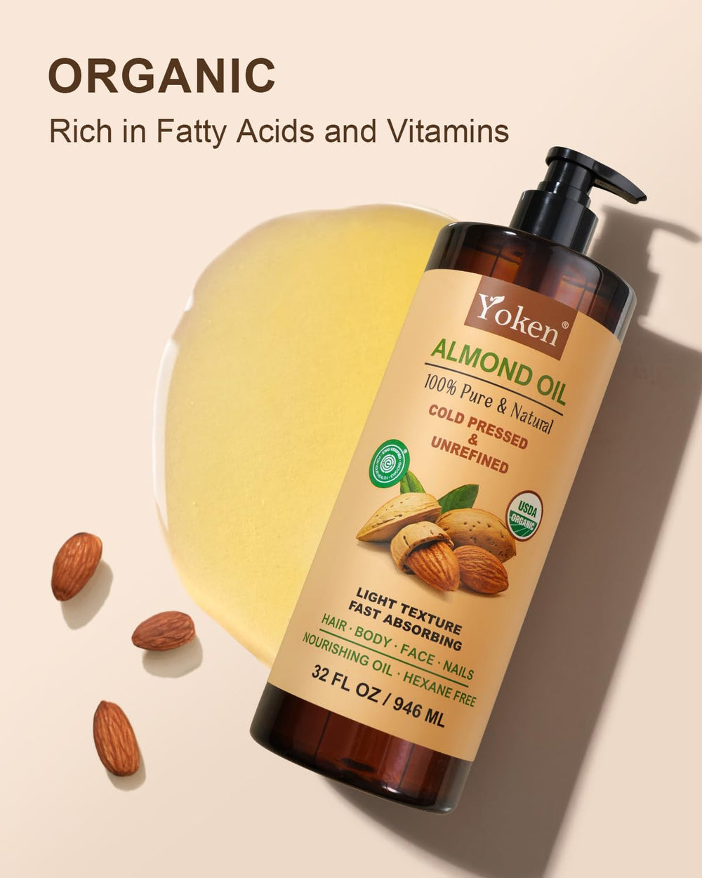 Yoken almond oil close-up drop highlighting smooth texture and fast absorption