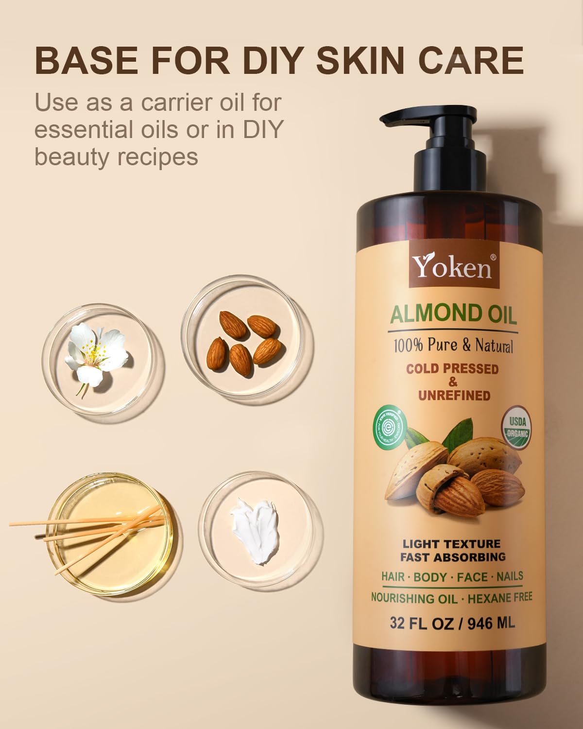 Yoken almond oil label with USDA organic seal indicating clean formula