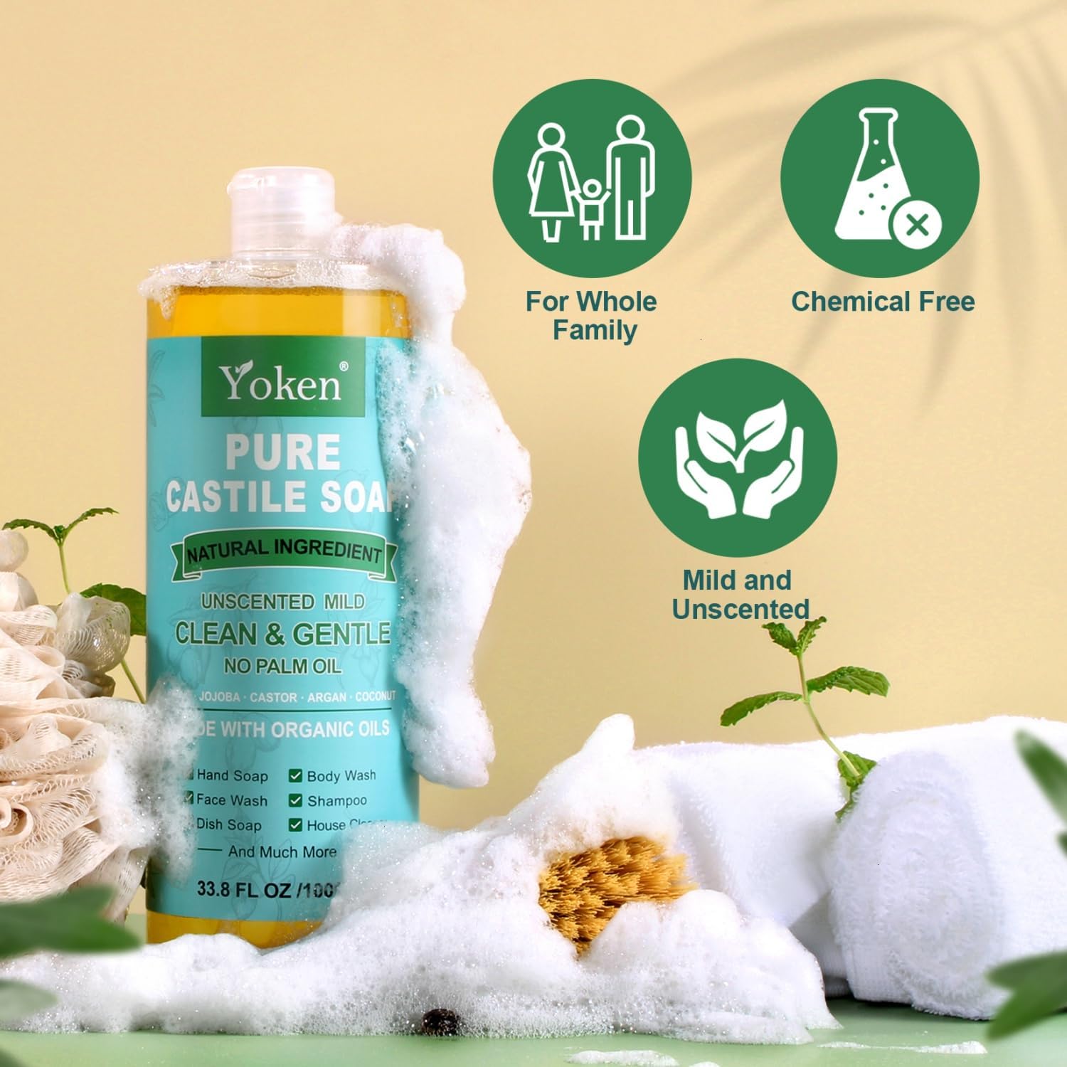 Yoken used as body wash in shower for gentle skin cleansing