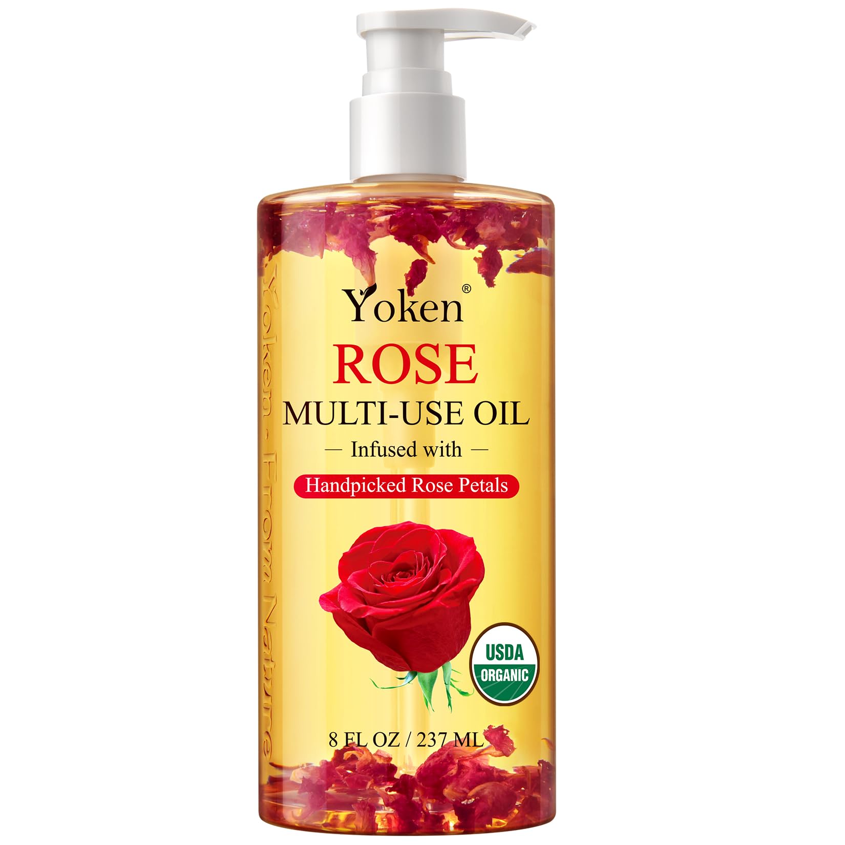 Yoken bottle front view showing label and pump, highlighting organic certification benefits
