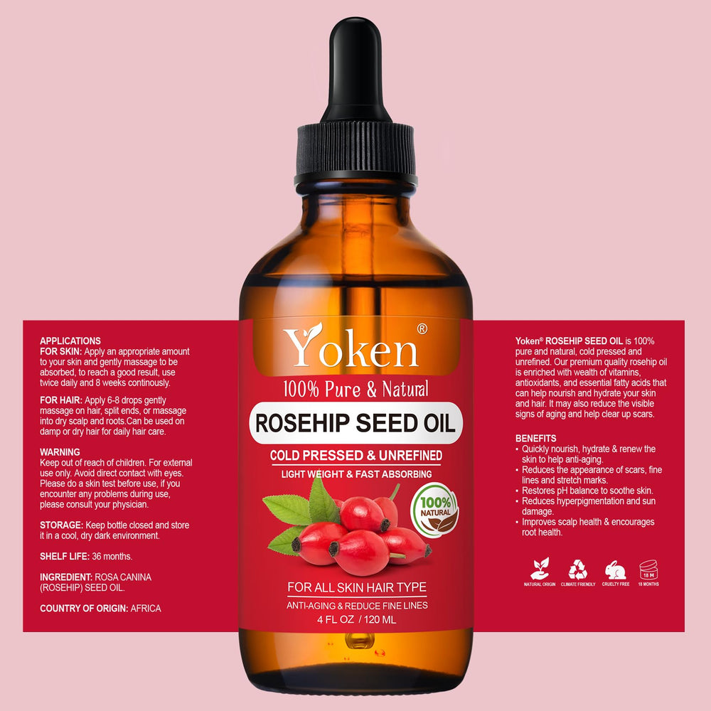 Yoken bottle beside rosehips illustrating natural source and clean formulation benefit