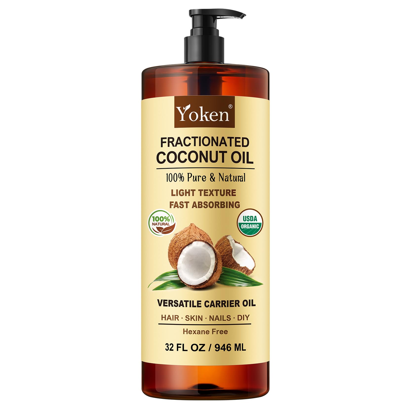 Yoken front bottle view showing organic fractionated coconut oil and clear packaging benefit