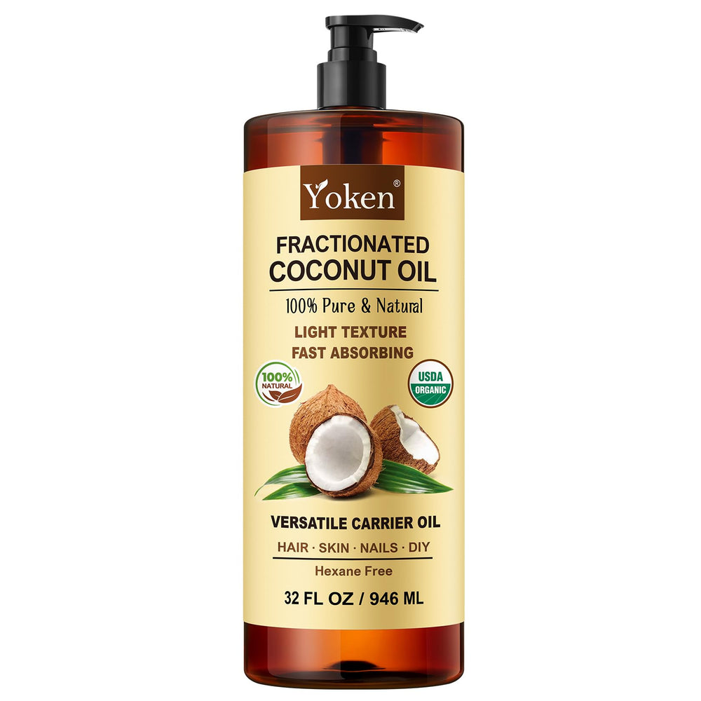 Yoken front bottle view showing organic fractionated coconut oil and clear packaging benefit