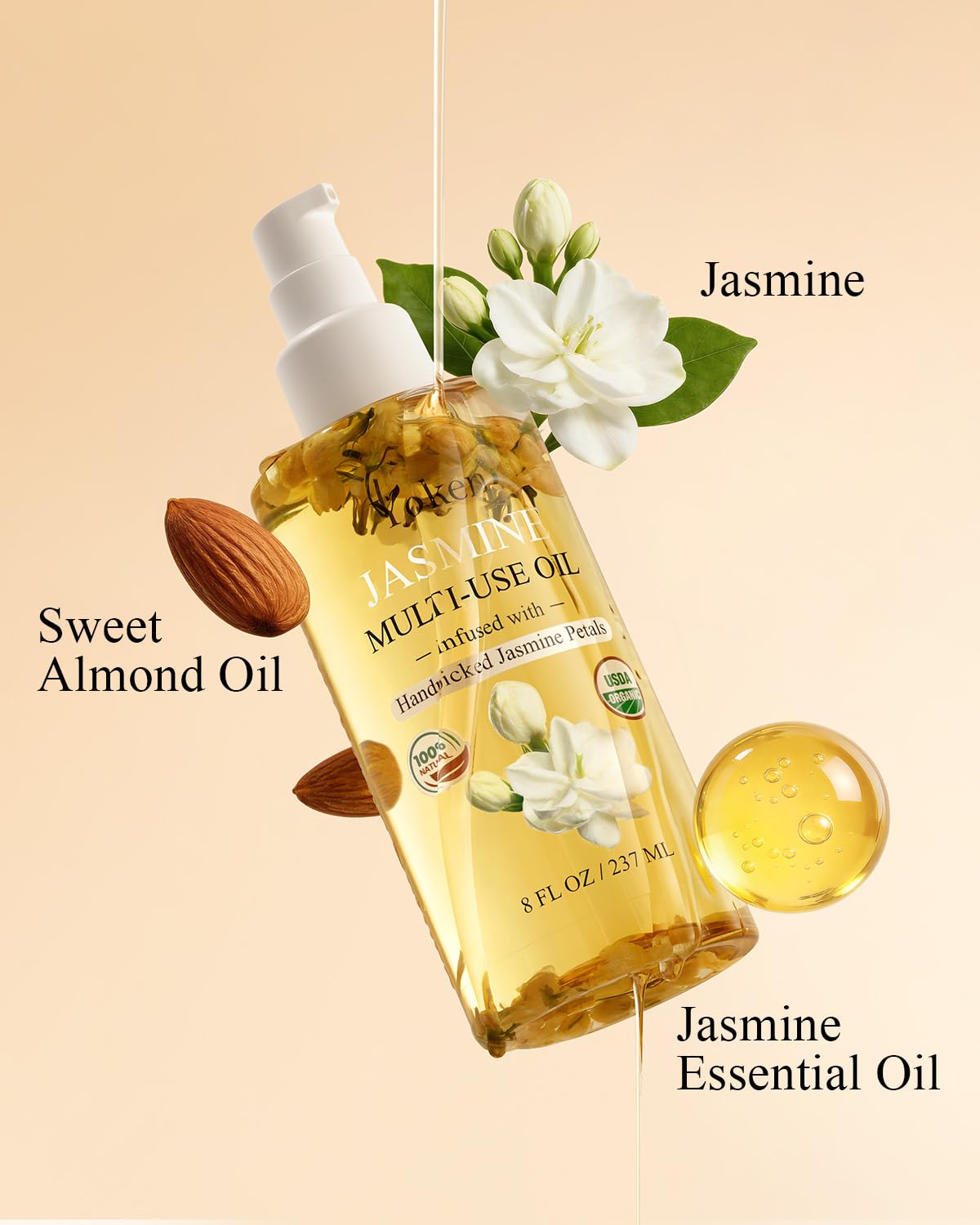Yoken glass bottle with visible jasmine petals for botanical appeal