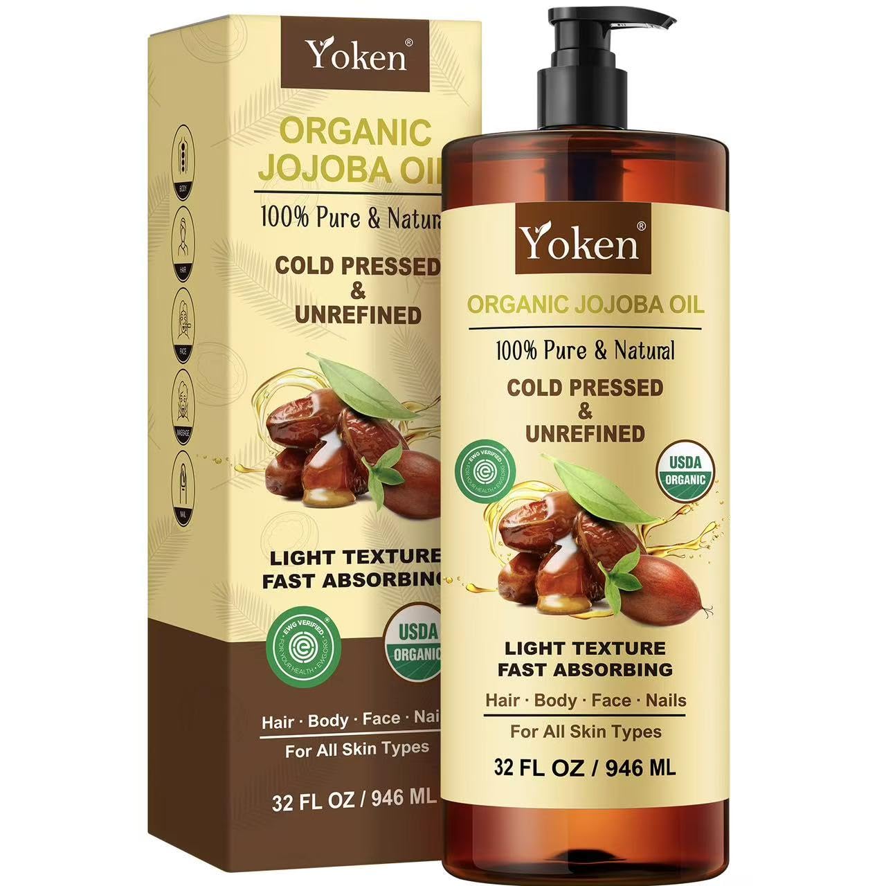 Yoken front packaging in amber bottle showing size and pump benefit