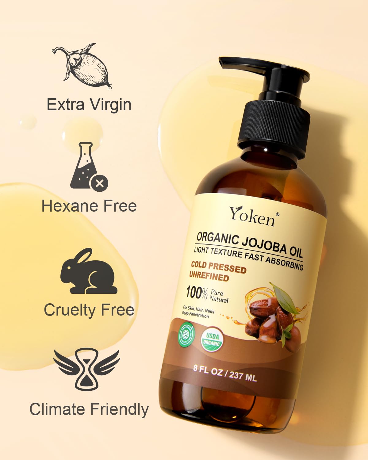 Yoken jojoba oil label with USDA organic emblem verifying purity