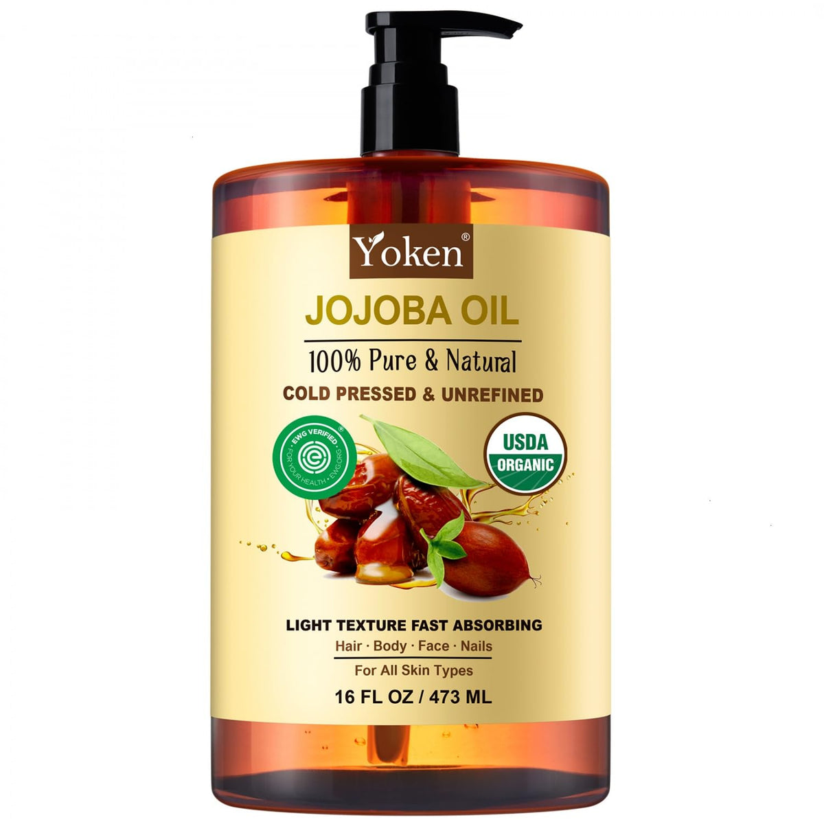 Yoken front label on 16oz bottle showing organic certification and benefit