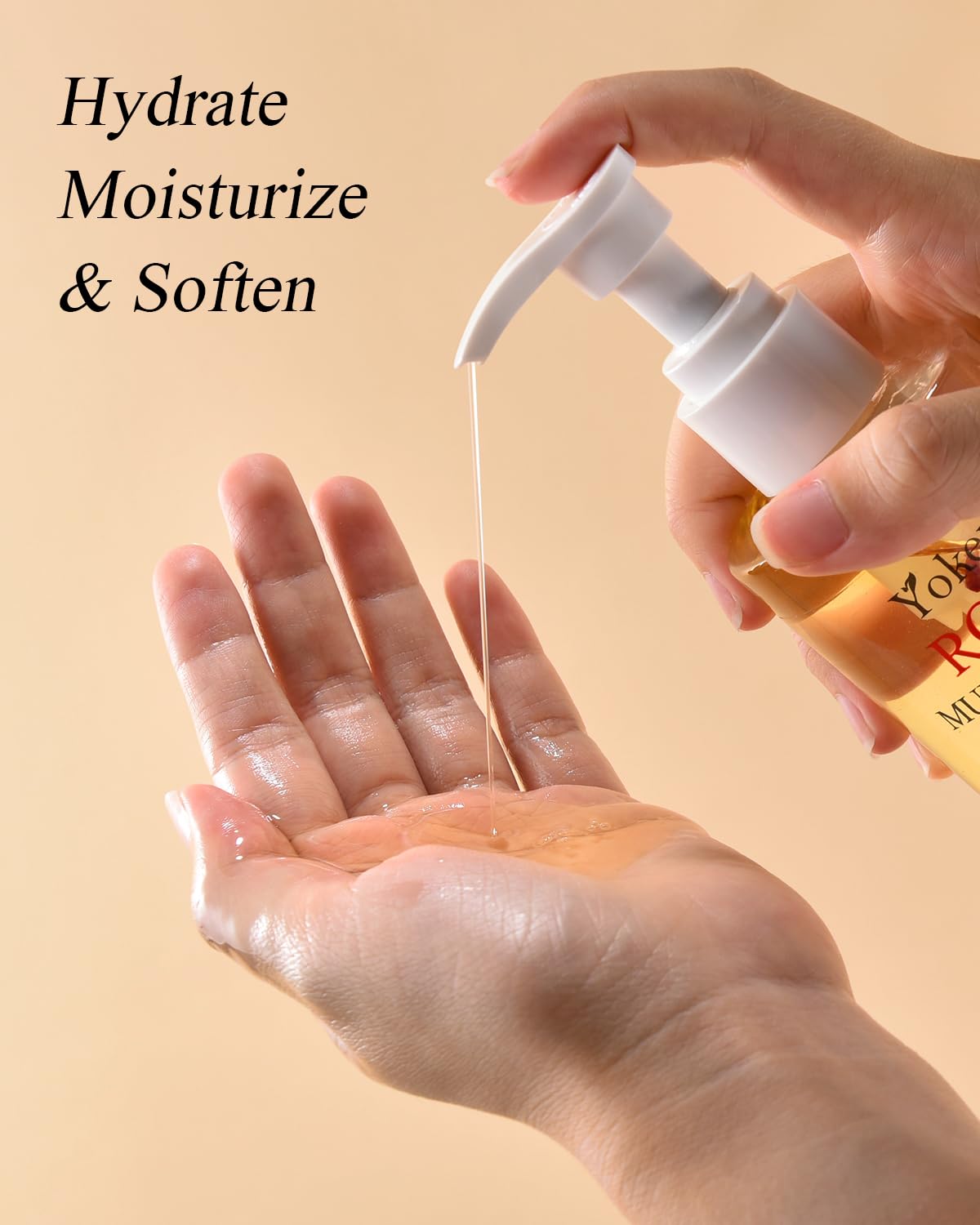 Golden oil drop texture on fingertip, Yoken showing lightweight absorbent benefit