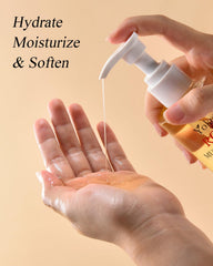 Golden oil drop texture on fingertip, Yoken showing lightweight absorbent benefit
