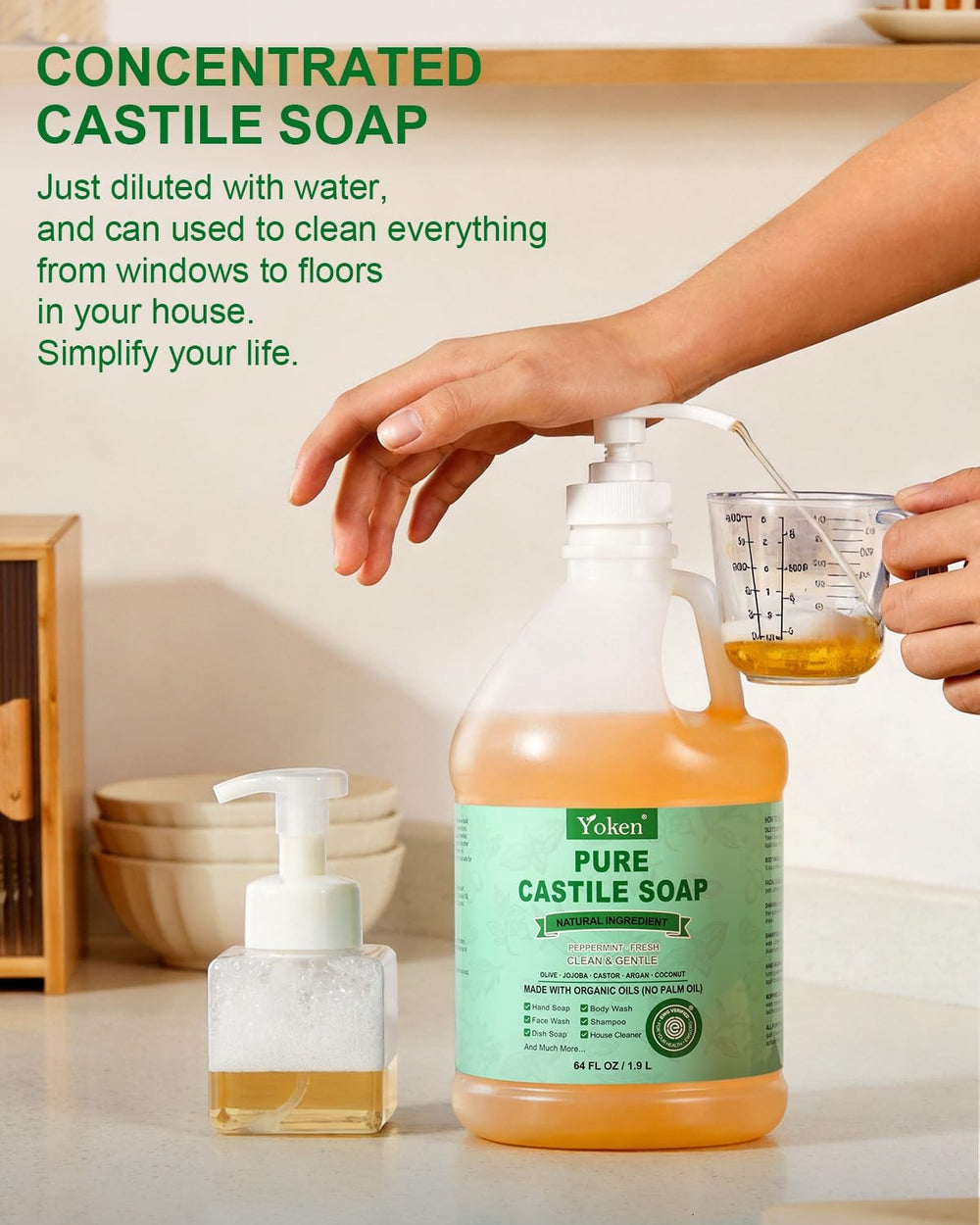 Yoken soap being poured with foam, showing concentrated dilution performance