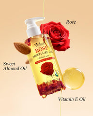 Close-up of damask rose petals inside bottle, Yoken emphasizing natural petal infusion benefit