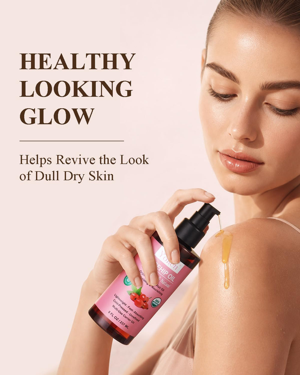 Yoken bottle held in hand to show 8oz scale and travel-friendly size benefit