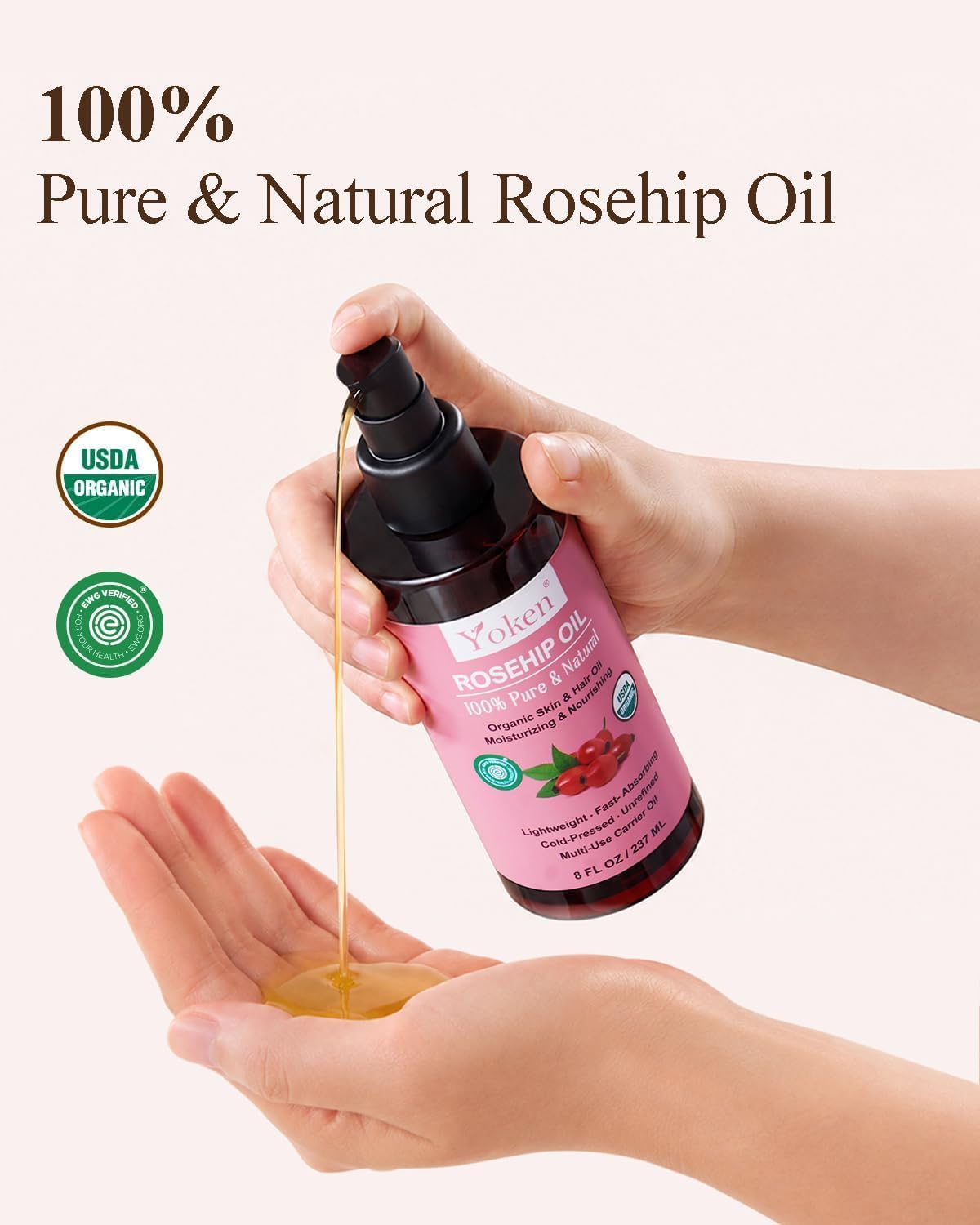 Yoken rosehip oil drop dispensing from bottle showing precise application benefit