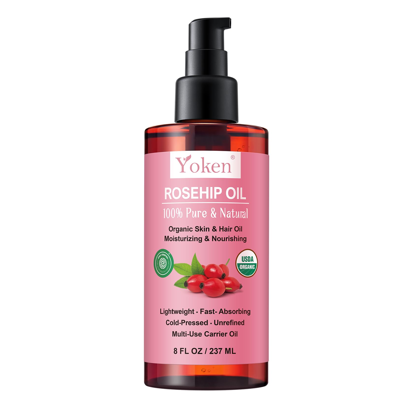 Yoken front label showing organic rosehip seed oil benefits and certification
