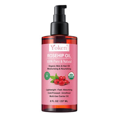 Yoken front label showing organic rosehip seed oil benefits and certification