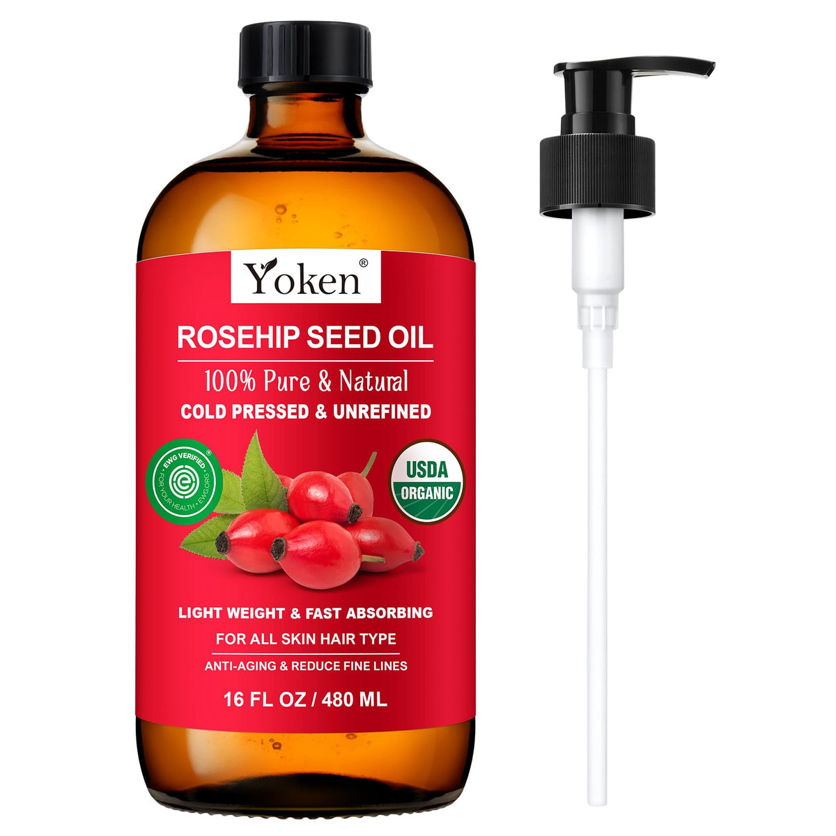 Yoken rosehip seed oil front packaging showing clean label and size benefit