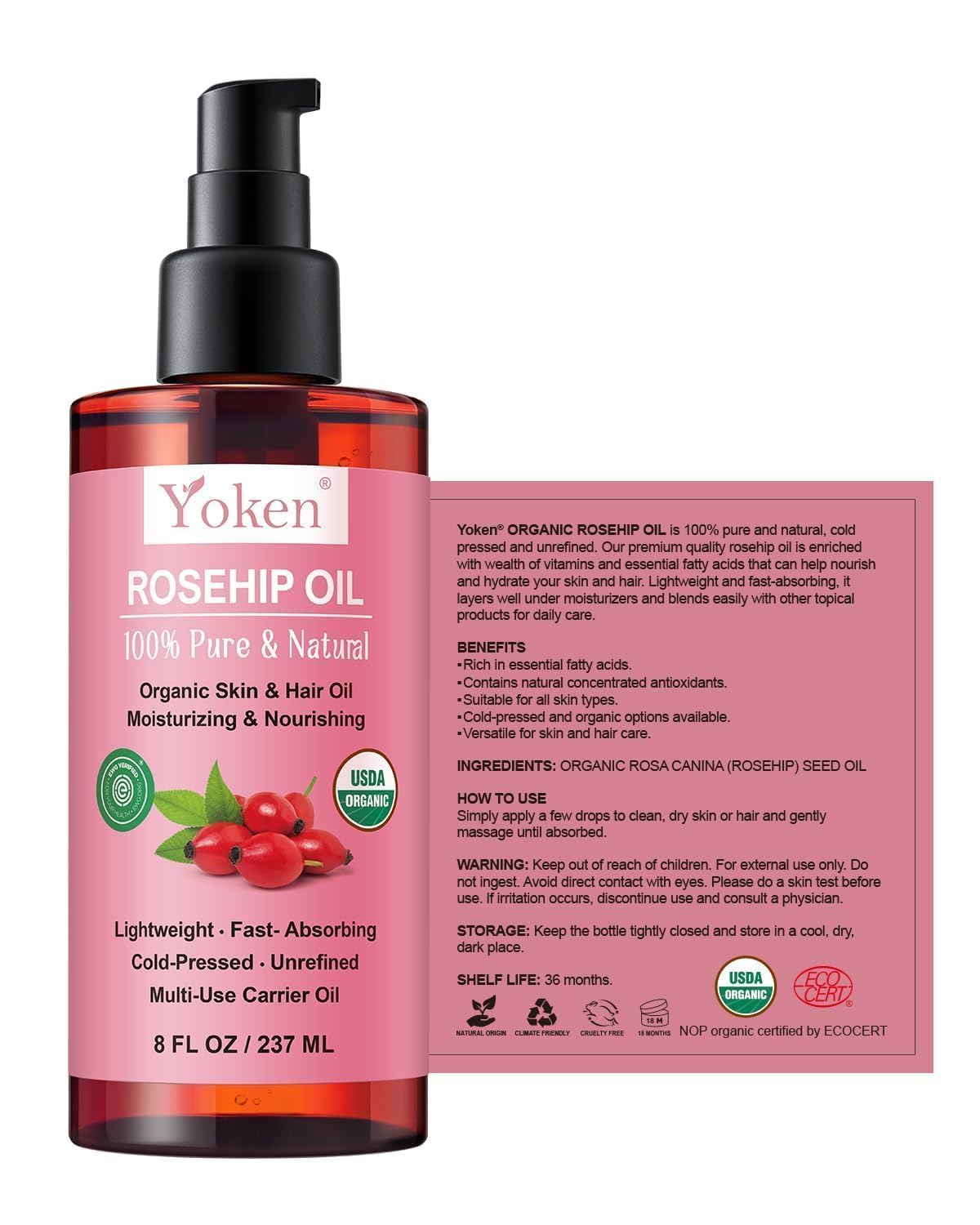 Yoken rosehip bottle in bathroom setting illustrating post-shower moisture routine benefit