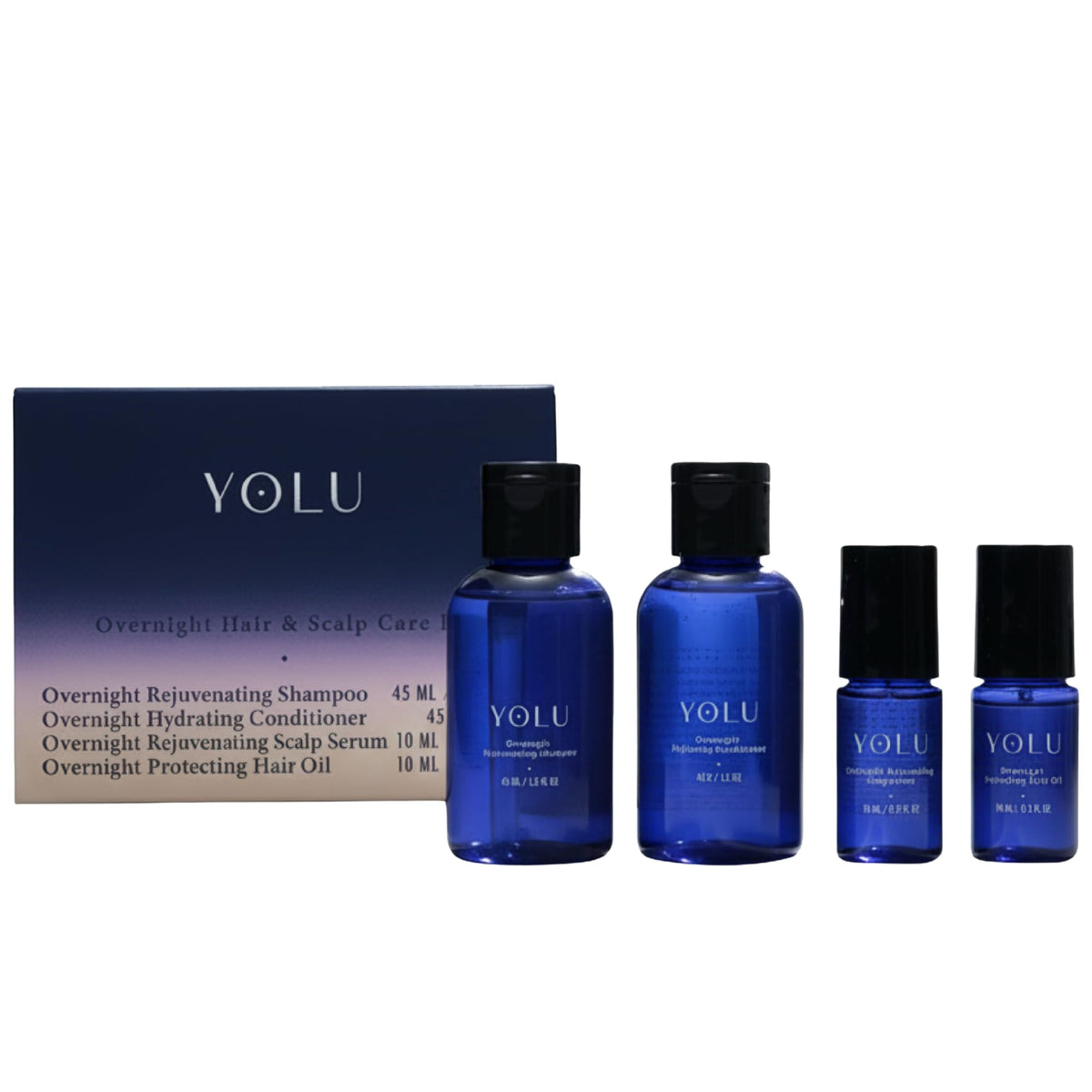 YOLU front packaging travel kit showing compact bottles and neat box benefit portability