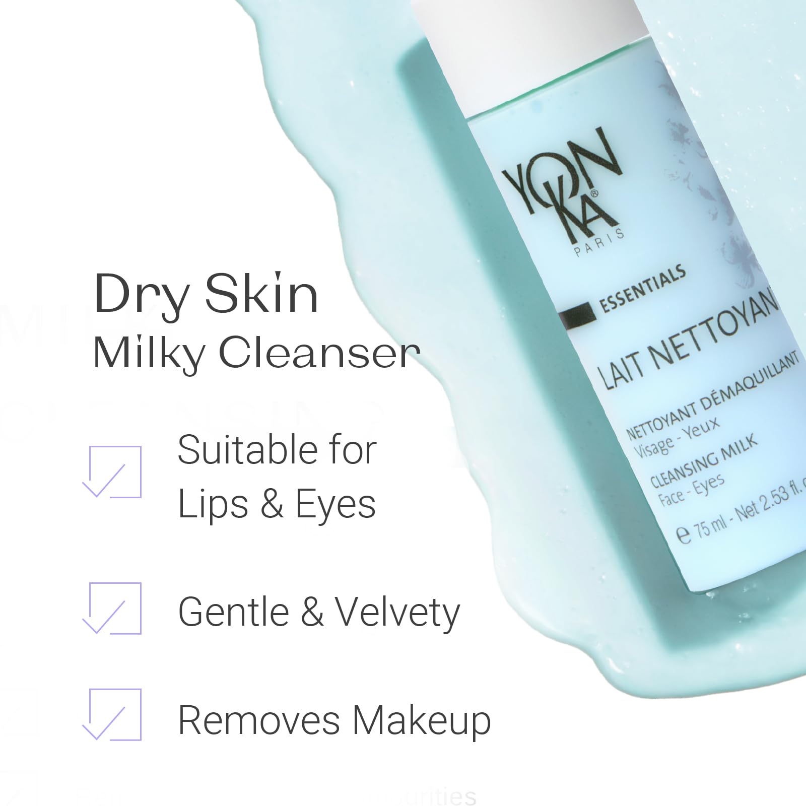 Yonka milk texture being dispensed to highlight creamy feel and gentle cleansing benefit