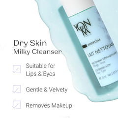Yonka milk texture being dispensed to highlight creamy feel and gentle cleansing benefit