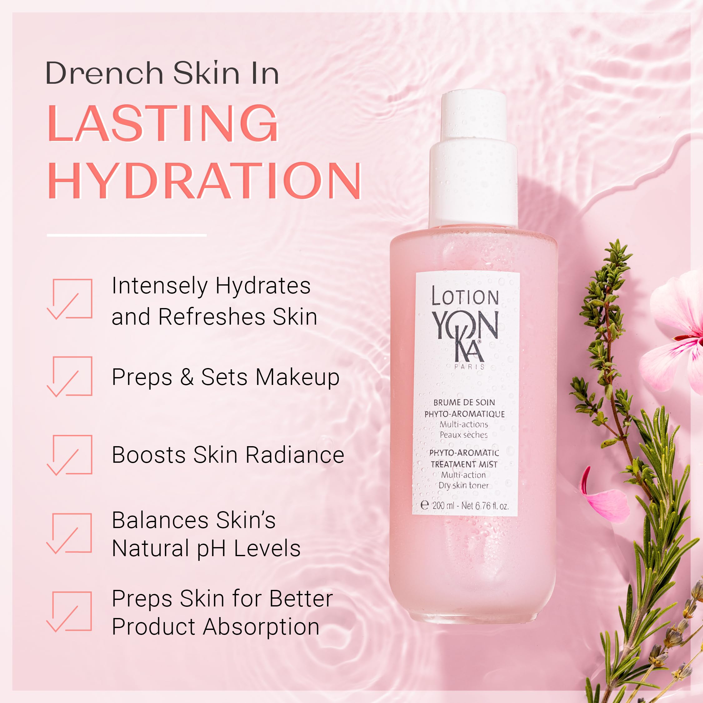 YON-KA mist spraying from bottle demonstrating quick hydration benefit