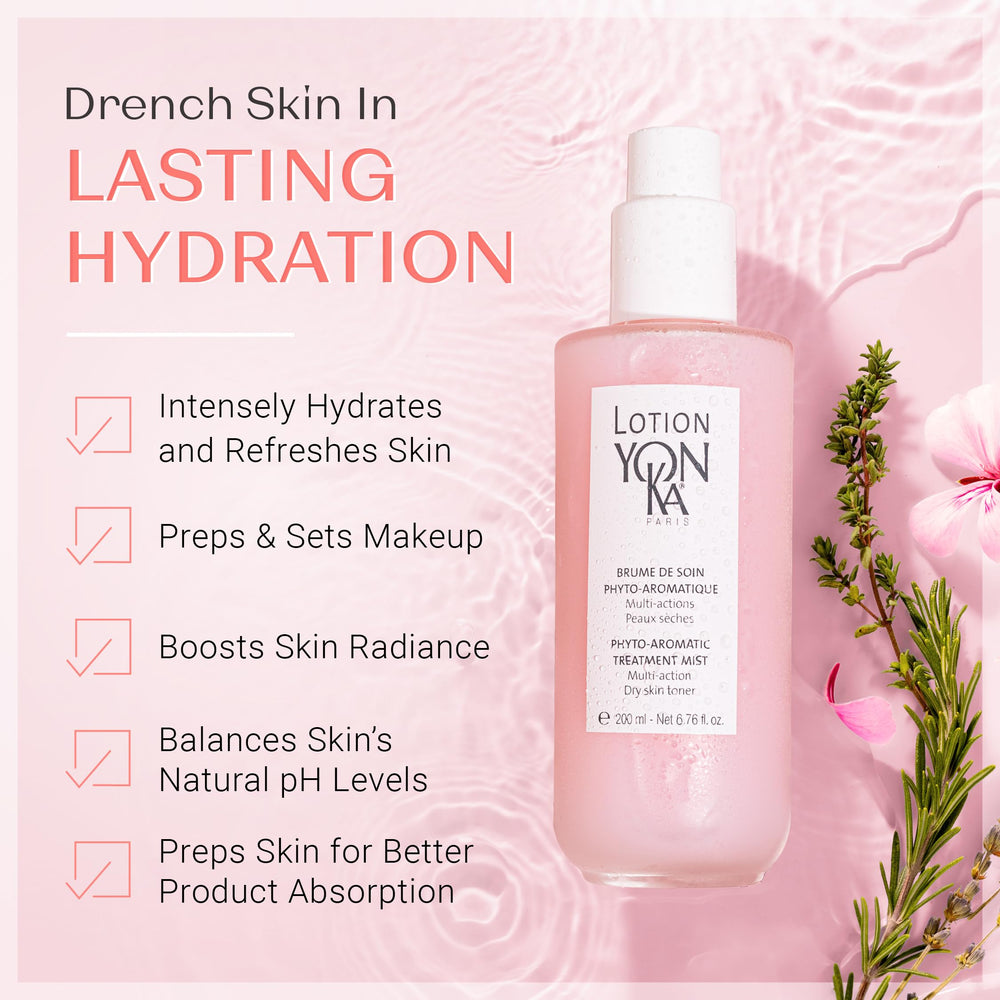 YON-KA mist spraying from bottle demonstrating quick hydration benefit
