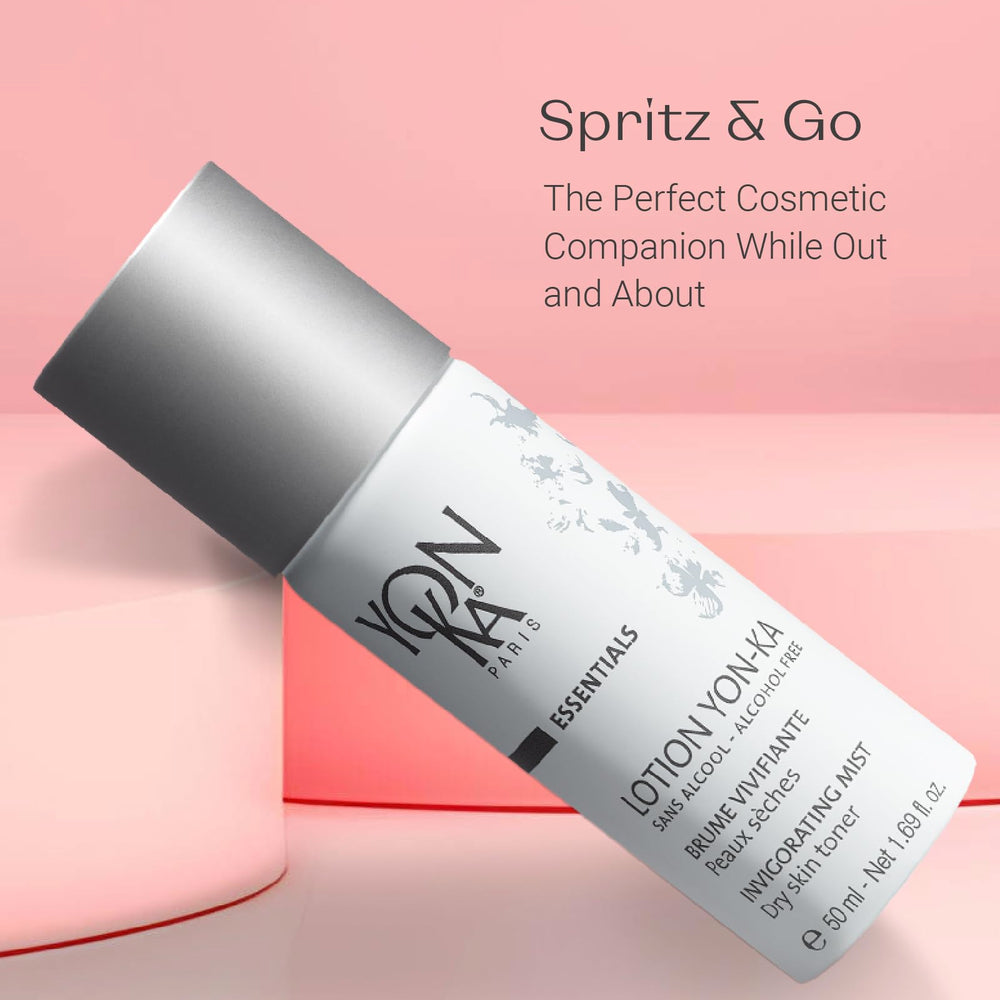 Yonka on bath counter among skincare items for daily routine readiness