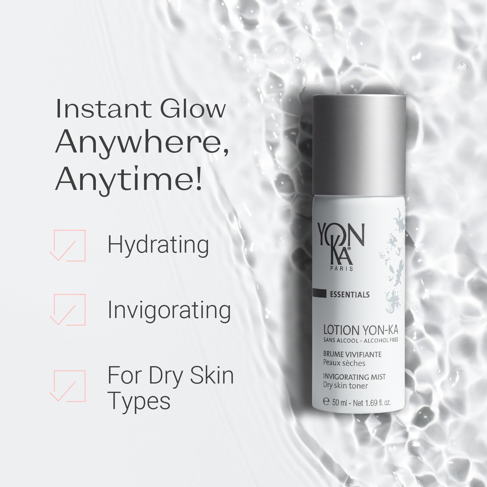 Yonka spray closeup misting over skin for even hydration and comfort