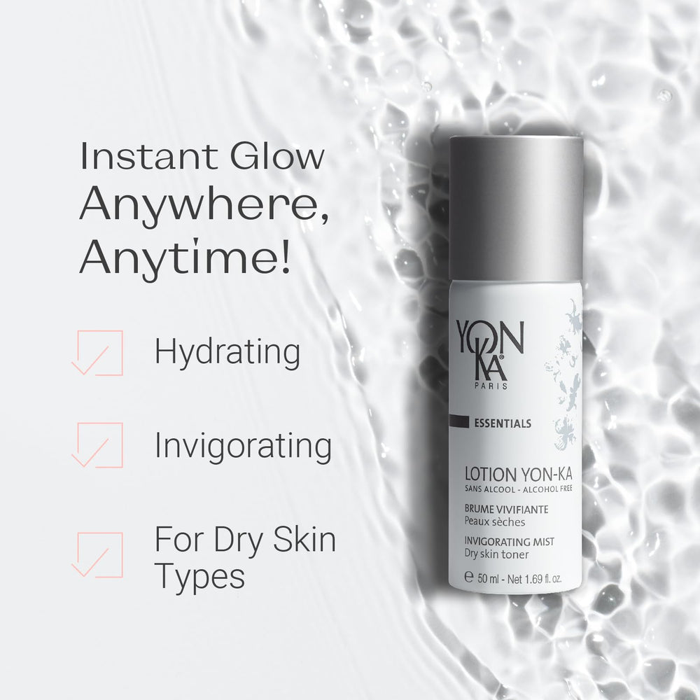 Yonka spray closeup misting over skin for even hydration and comfort
