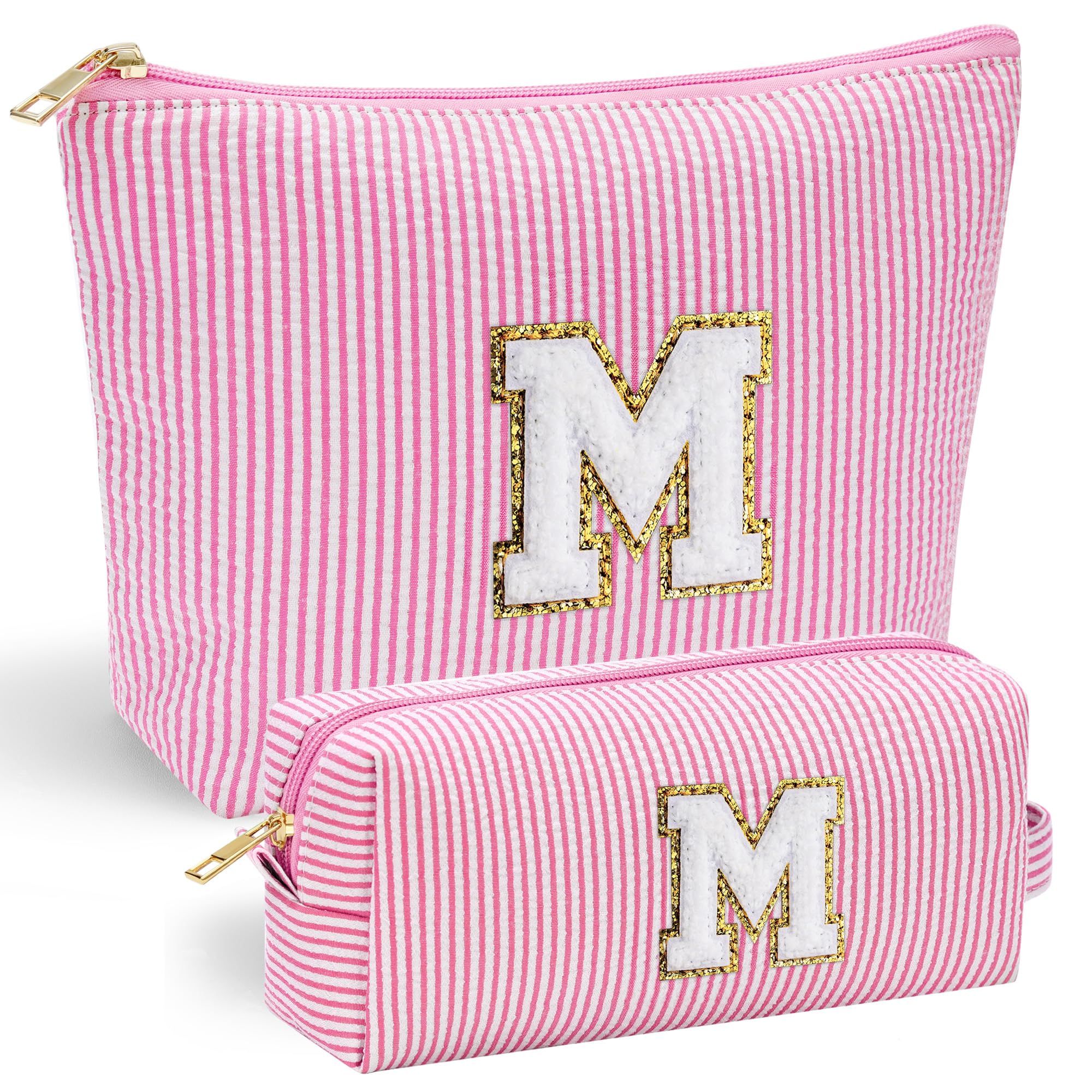 YOOLIFE front view of pink preppy makeup bag showing initial and storage benefit
