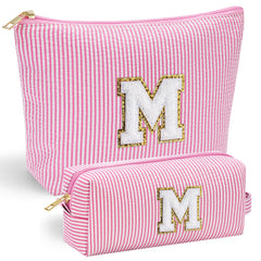YOOLIFE front view of pink preppy makeup bag showing initial and storage benefit
