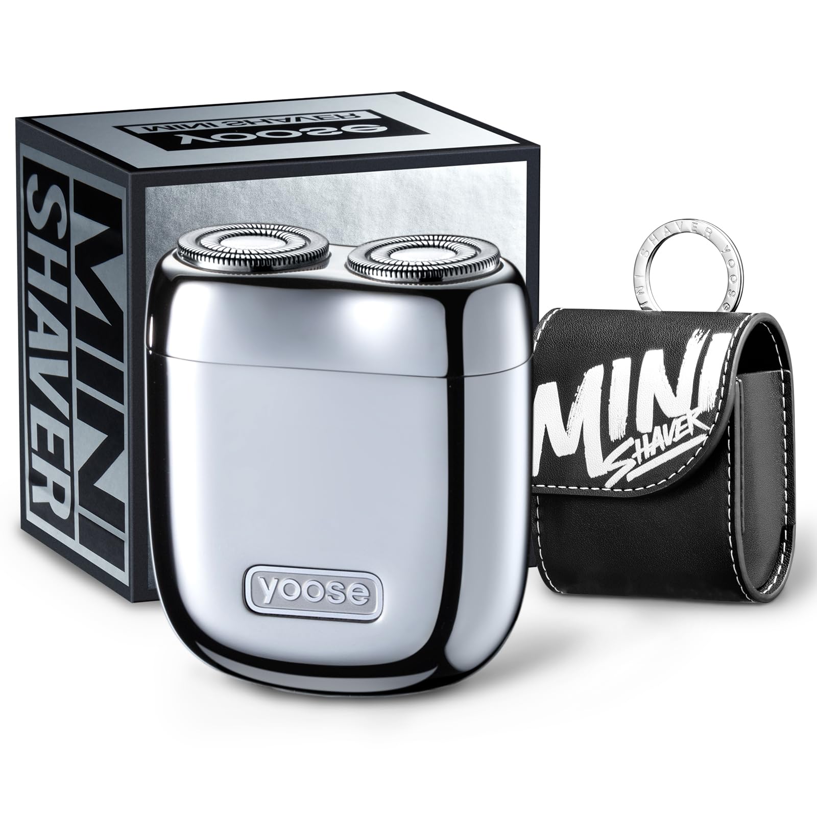 yoose mini shaver front view showing sleek silver finish and ergonomic grip