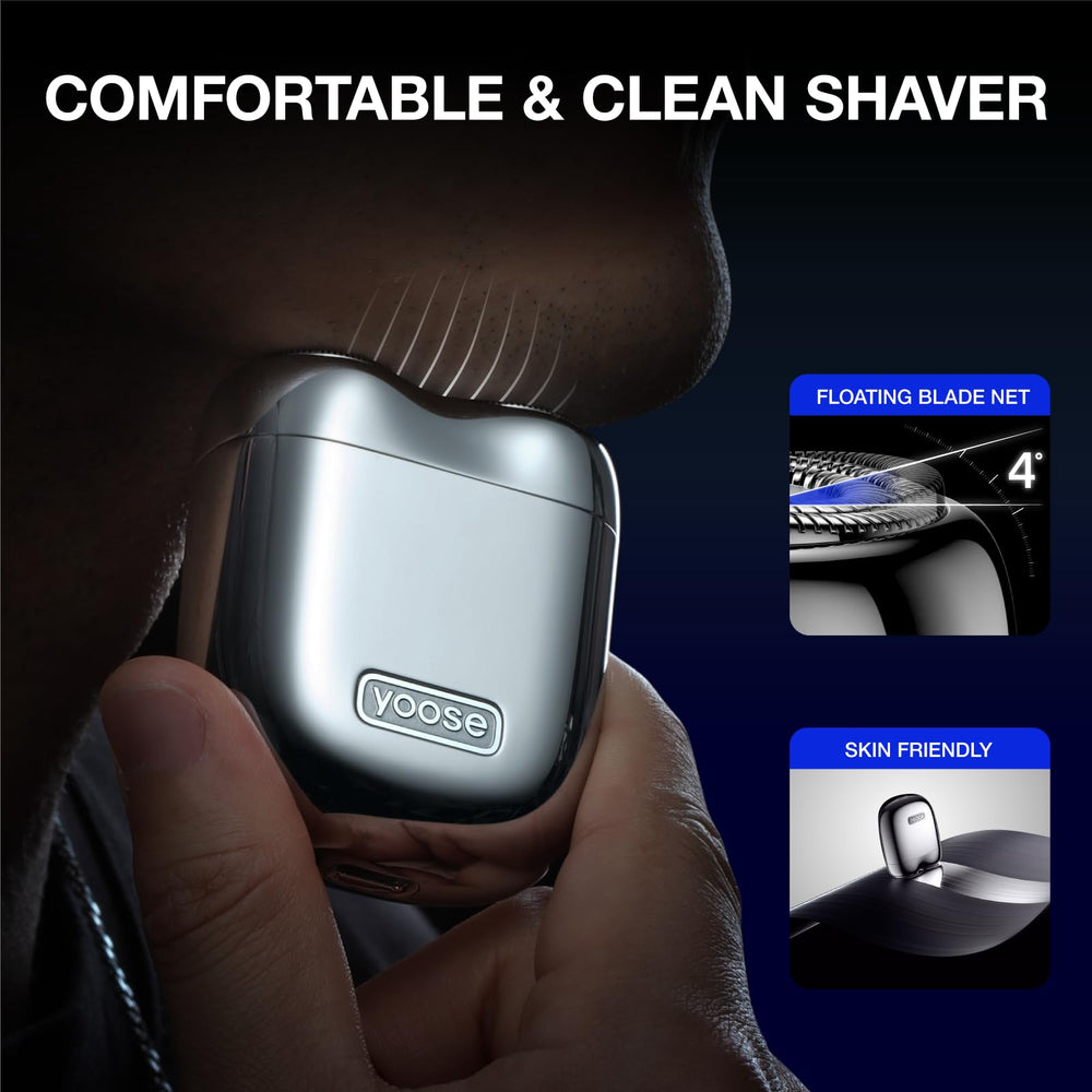 yoose mini shaver paired with leather case for protected travel storage
