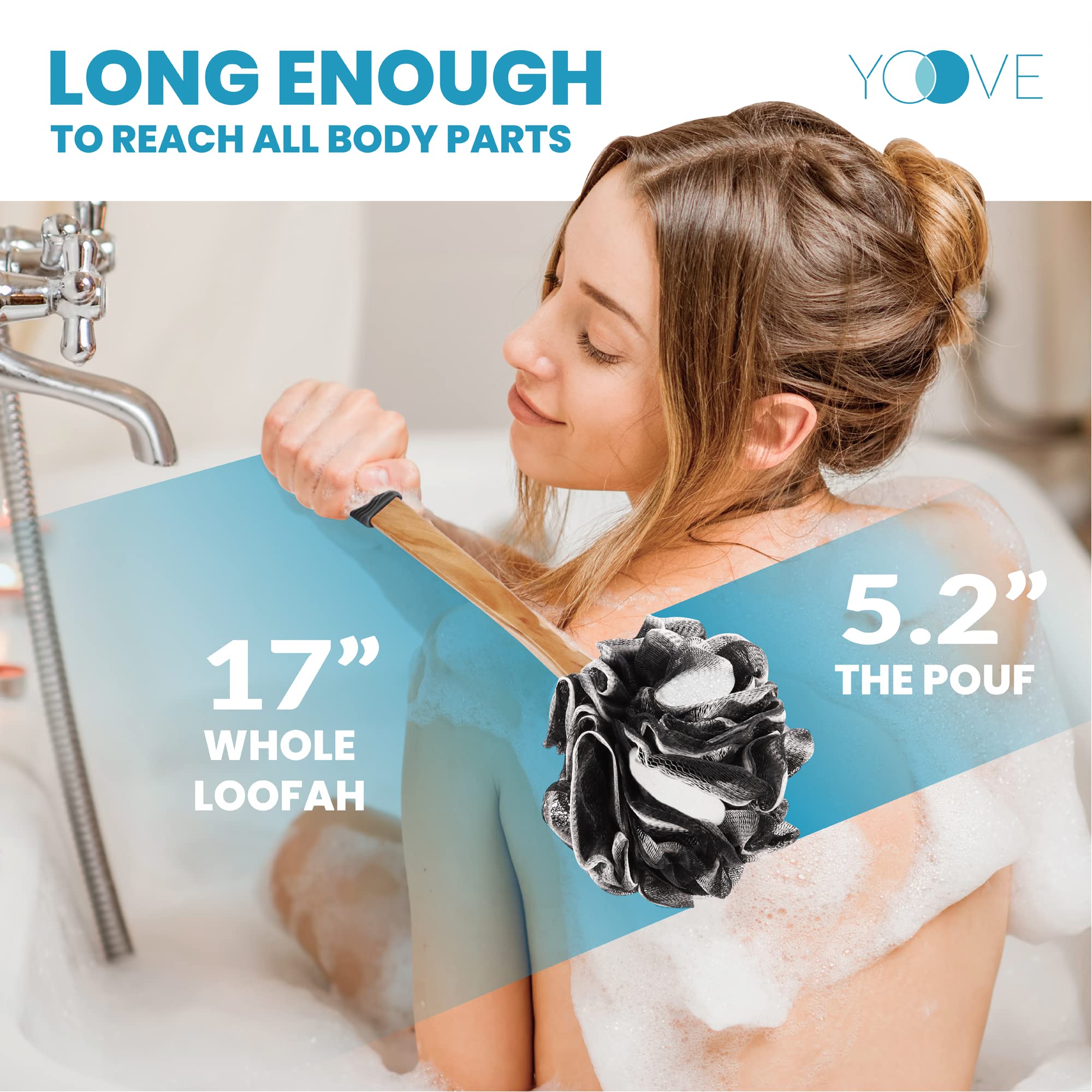 Yoove handle reach demo on back for easy hard-to-reach cleansing