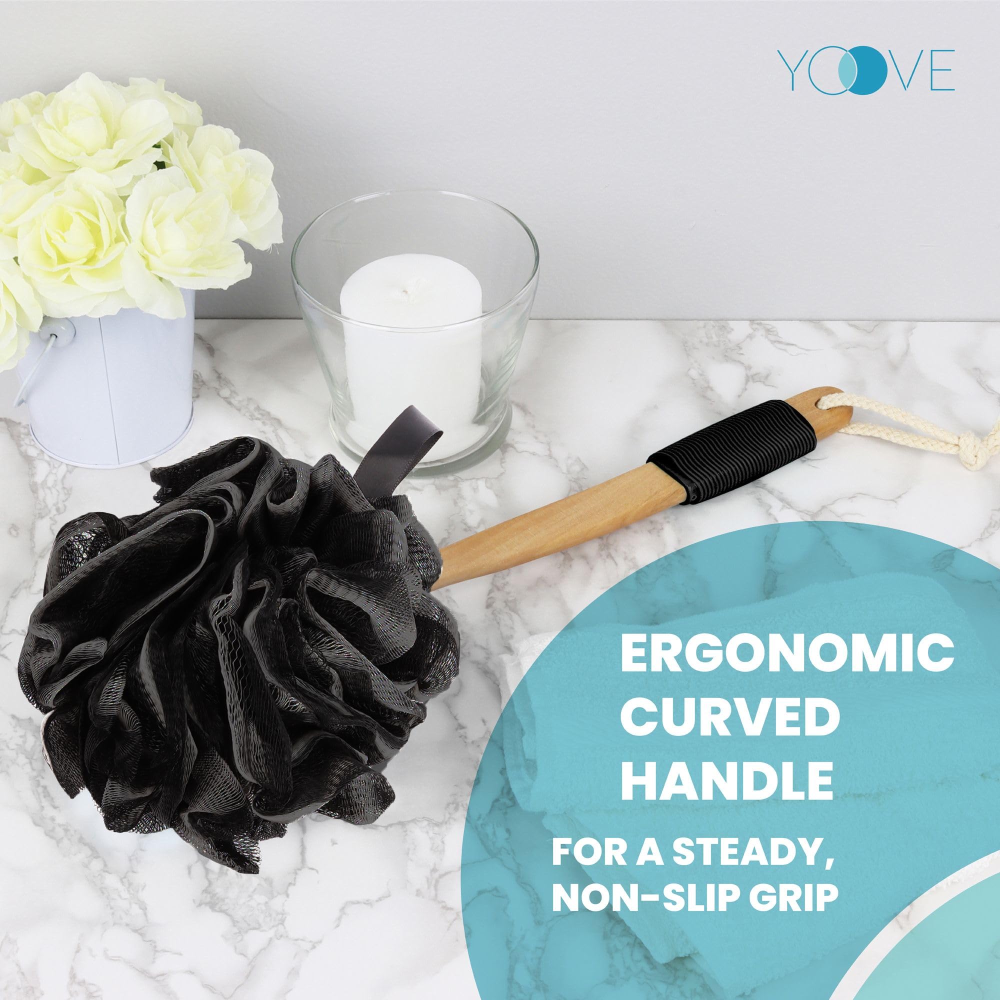 Yoove lifestyle shower scene illustrating comfortable daily exfoliation