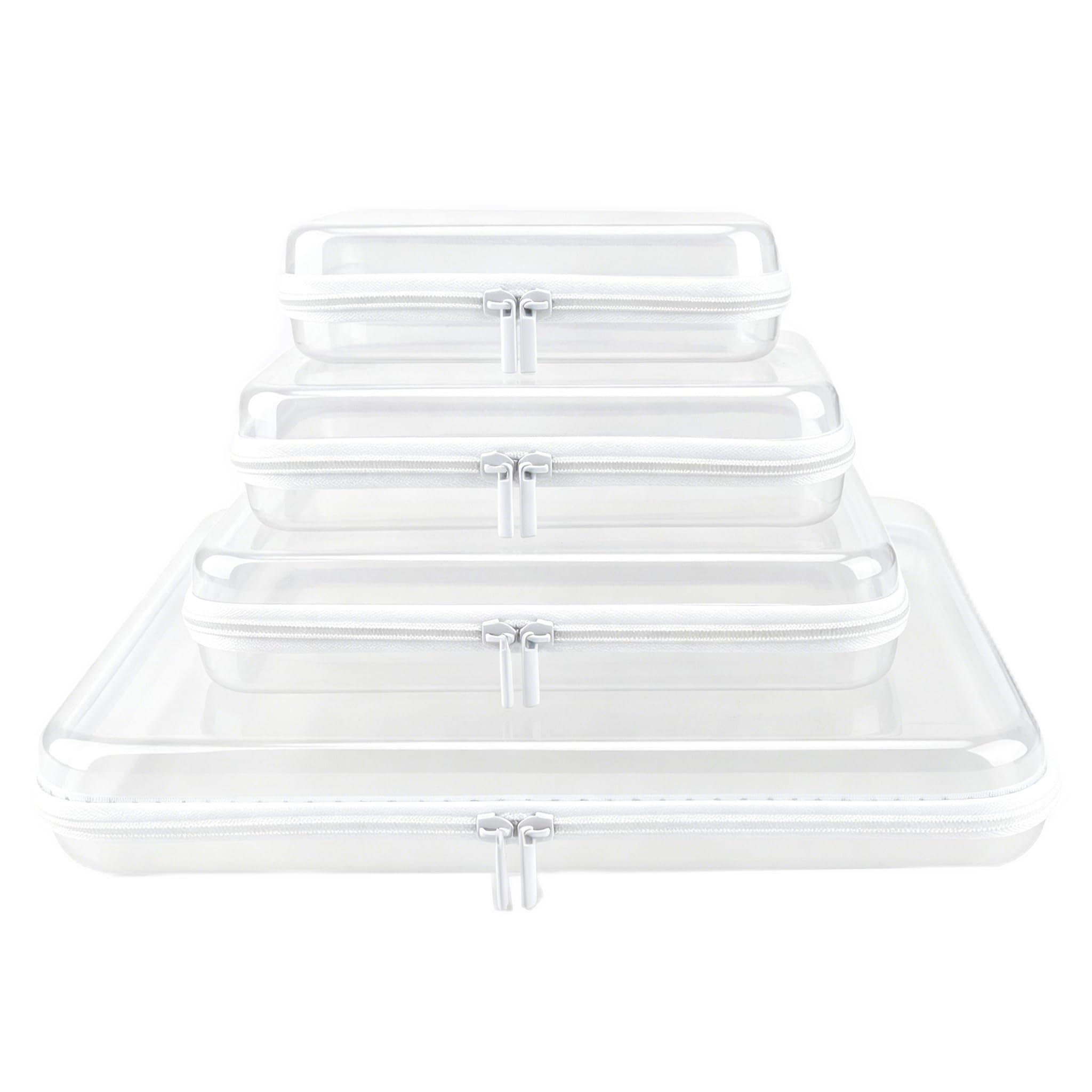 YOPCDJ front view of four clear pouches showing sizes and organization benefit