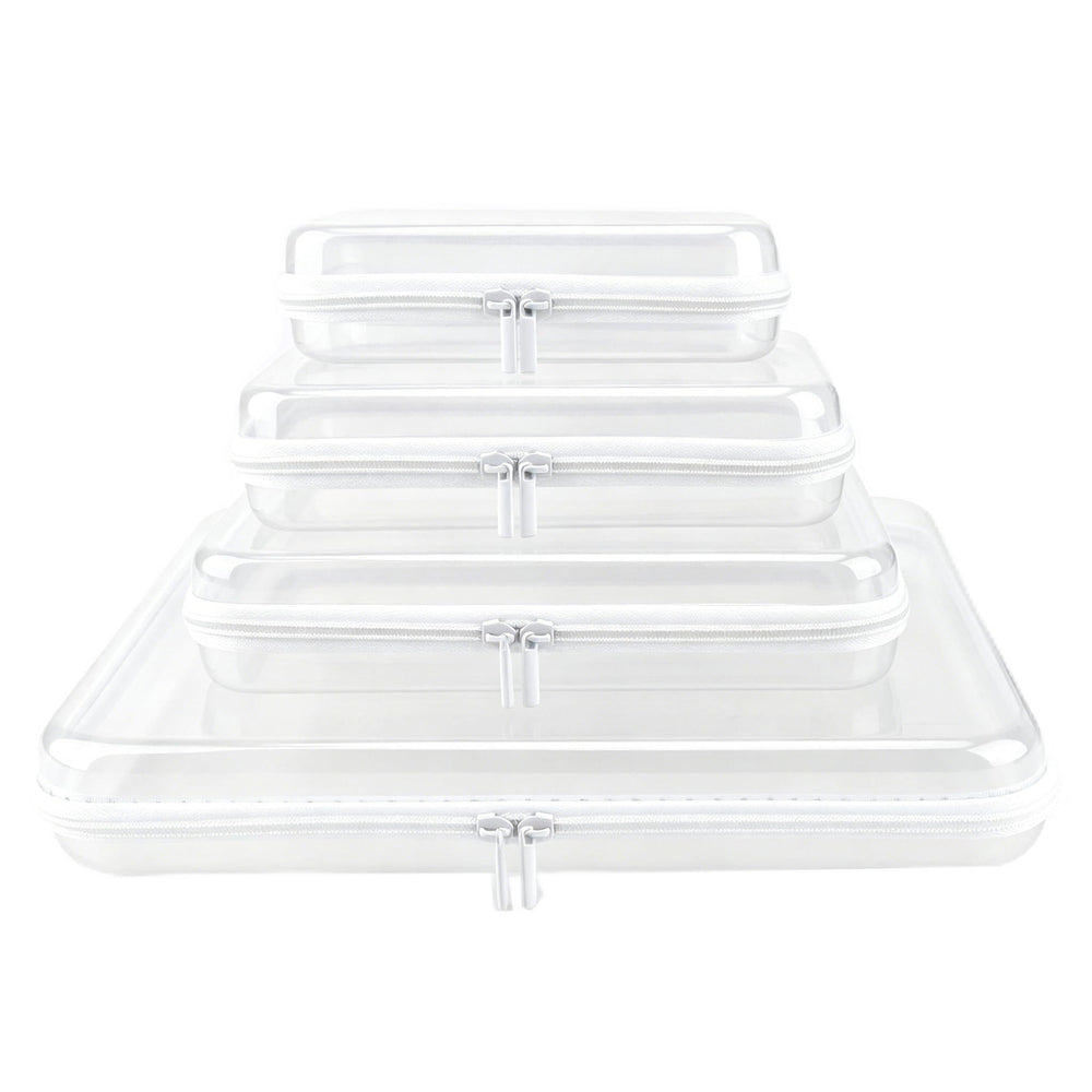 YOPCDJ front view of four clear pouches showing sizes and organization benefit
